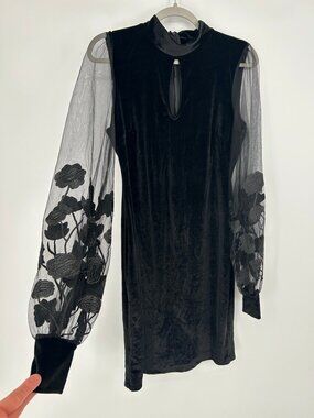 Stillettos Black Velvet Dress Sheer Floral Sleeves XL Romantic Whimsigoth Witchy